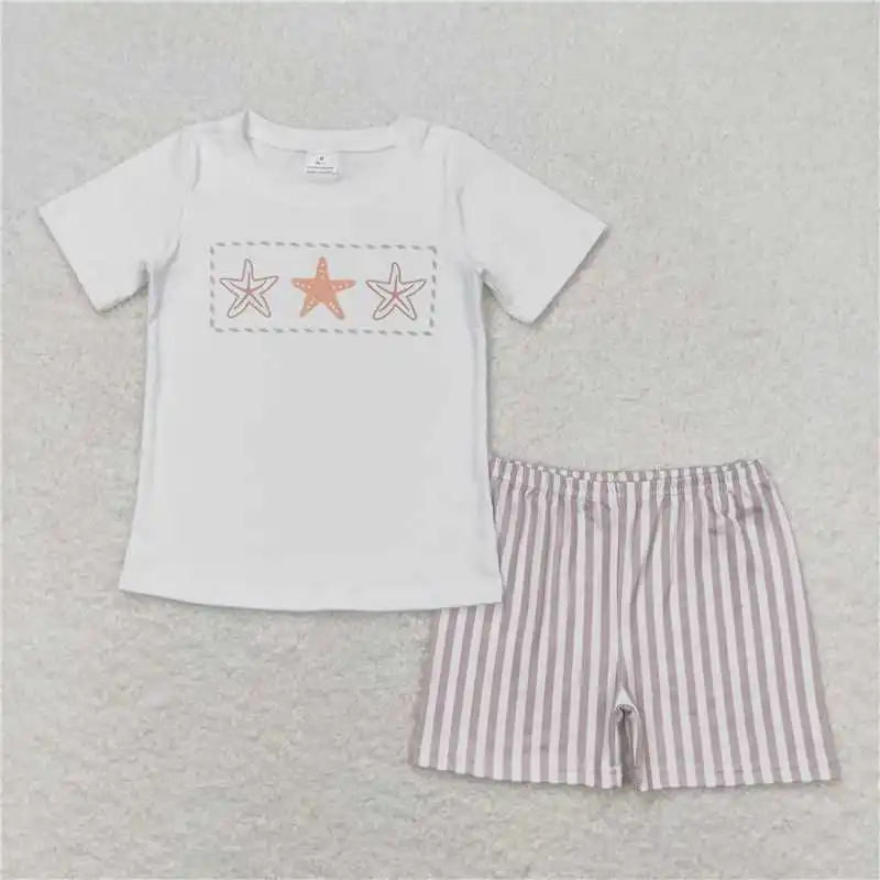 Summer Fashion Match Baby Girls Boys Sibling Star Fish Stripes Dresses Sets Wholesale Boutique Fashion Children Clothes