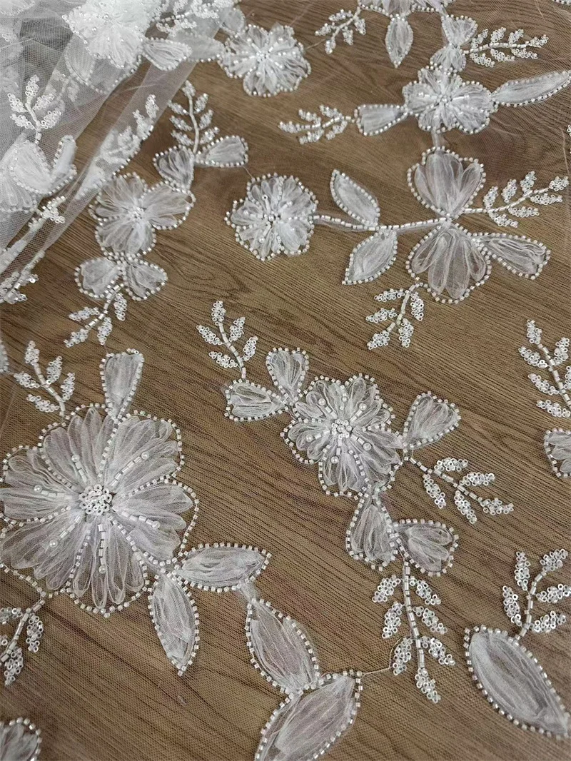 White 3D Unique Wedding Dress Lace Fabric Embroidered French Lace Fabric Sell By Yard