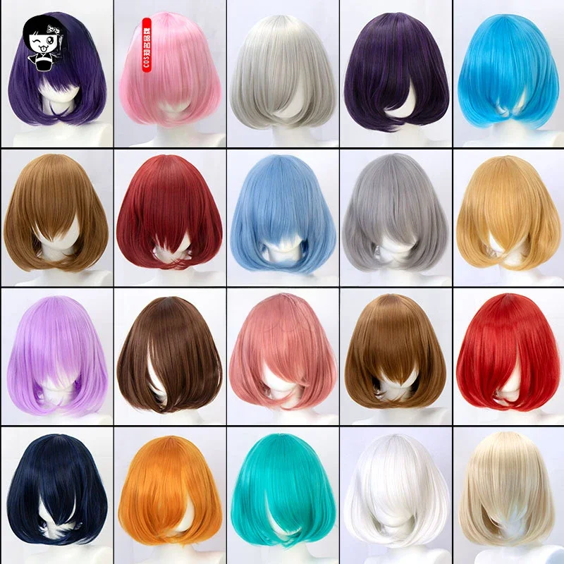 Peruka do cosplay peruka syntetyczna HSIU peruka z krótkim bobem proste włosy złoty różowy czerwony niebieski fioletowy dla kobiet 35cm 23 kolorowe peruki + czapka darmowa peruka — zdjęcie 2