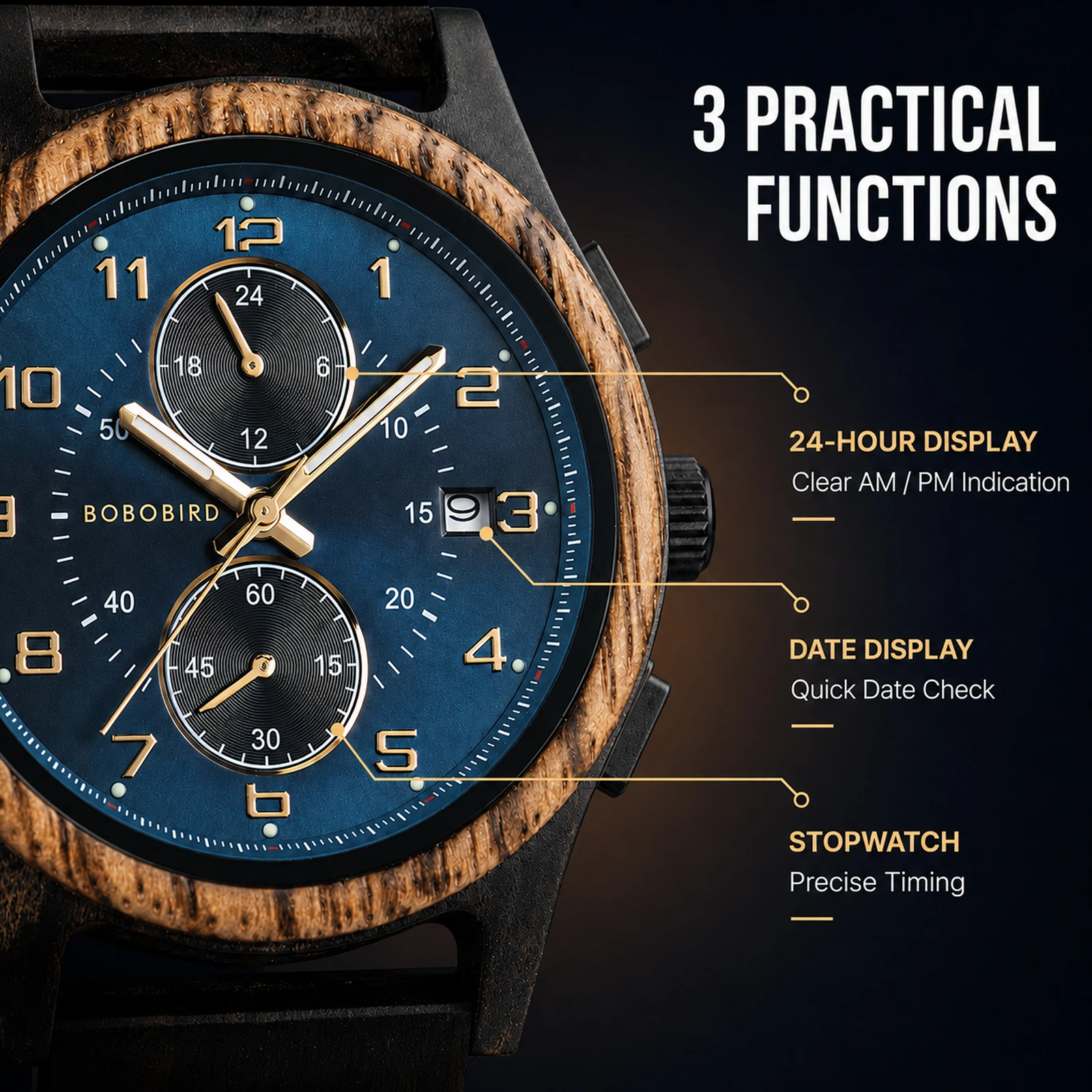 Smartwatch Watches Birthday Gift For Men - BOBO BIRD メンズ木製クロノグラフ腕時計、夜光針、手作りのクロノグラフ腕時計、ギフトボックス付き、調節可能な木製ストラップ、記念日や誕生日のプレゼントに最適