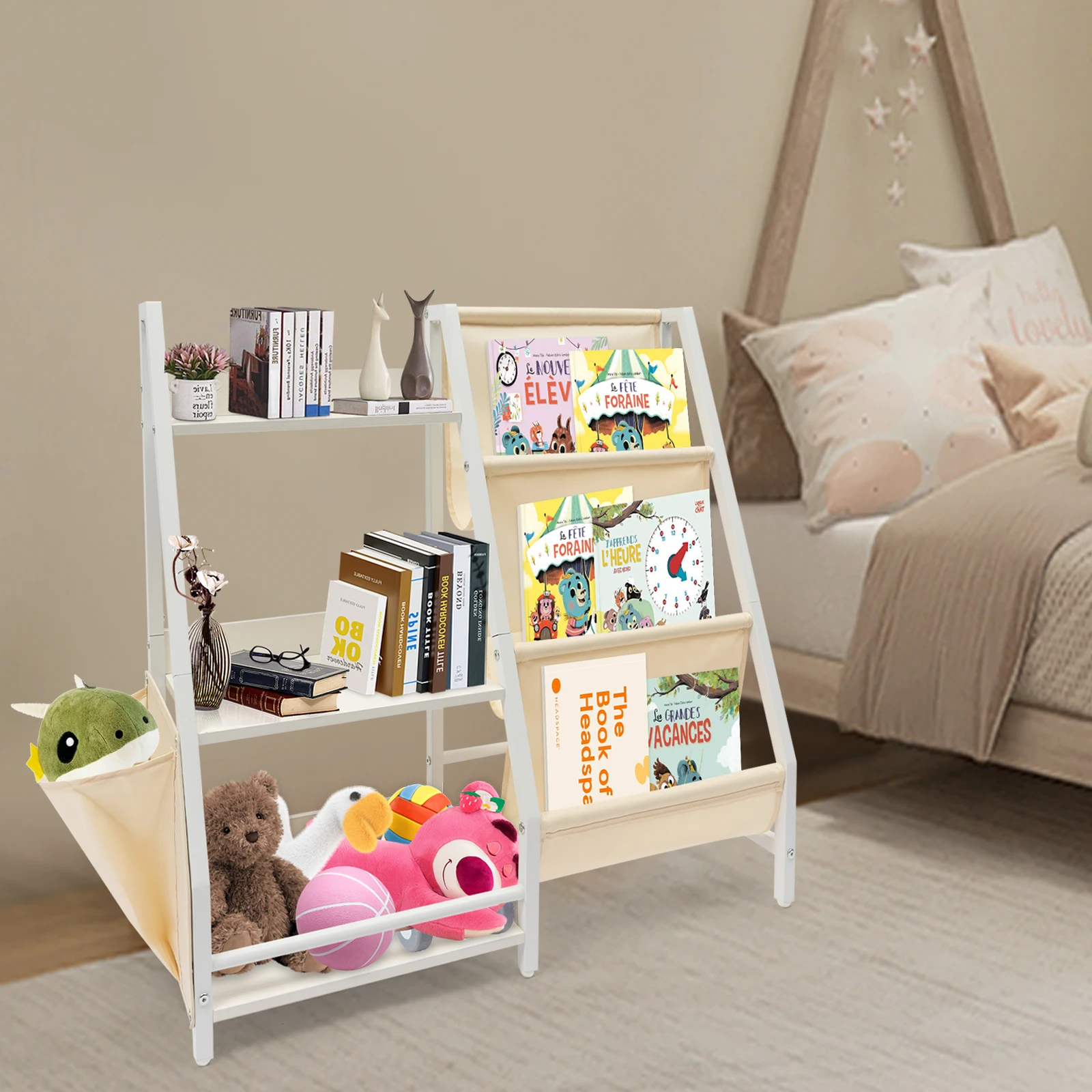 

Белый, 3-ярусный стеллаж для книг и игрушек с боковыми карманами для детей, для спальни, игровой комнаты, детской, класса