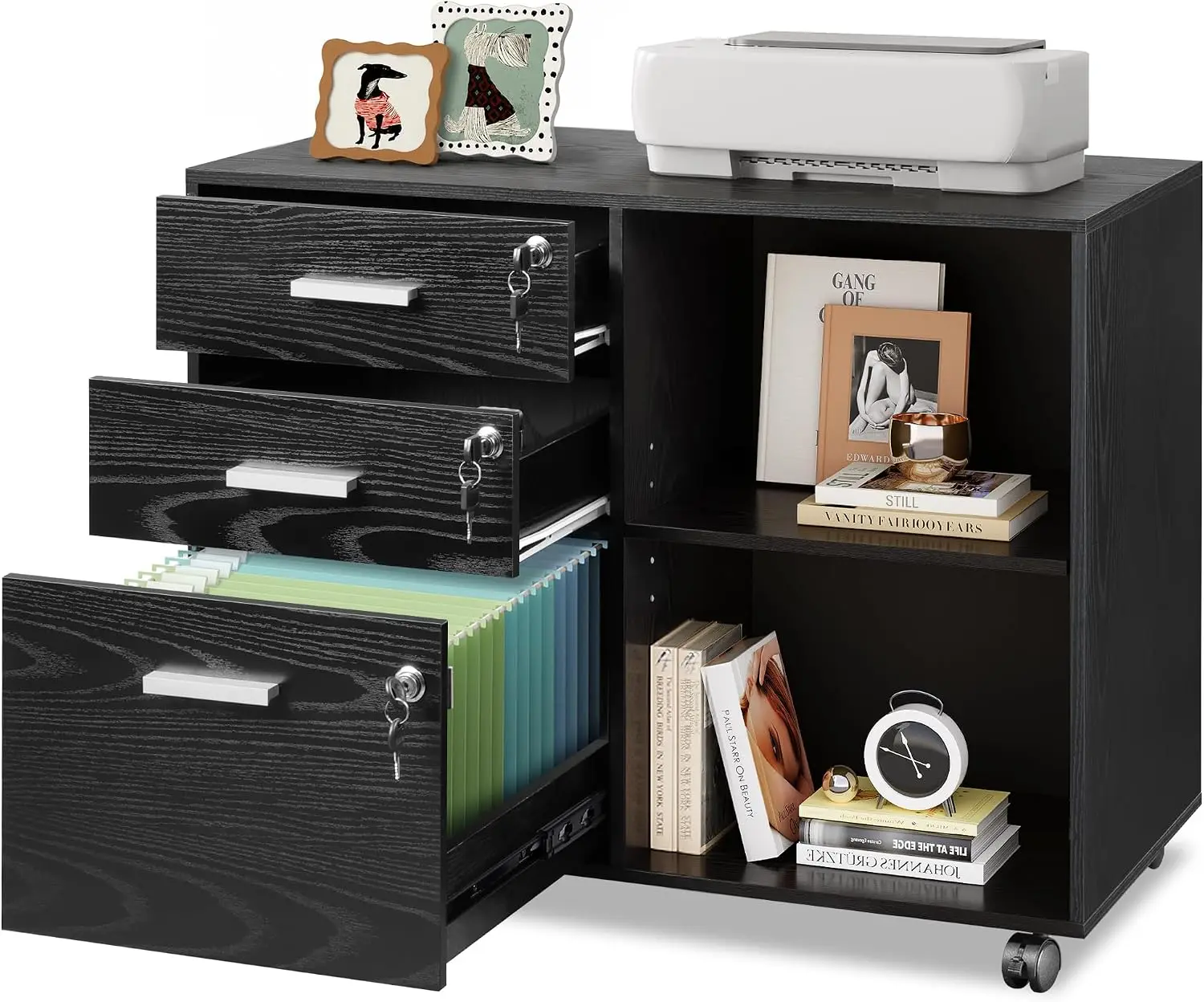 3-Drawer File Cabinet with Lock, Mobile Wood Filing Cabinet, Black Rolling Printer Stand, Office Cabinet, Open Storage Shelves, Letter & A4 Compatible, Home Office, Under Desk Storage