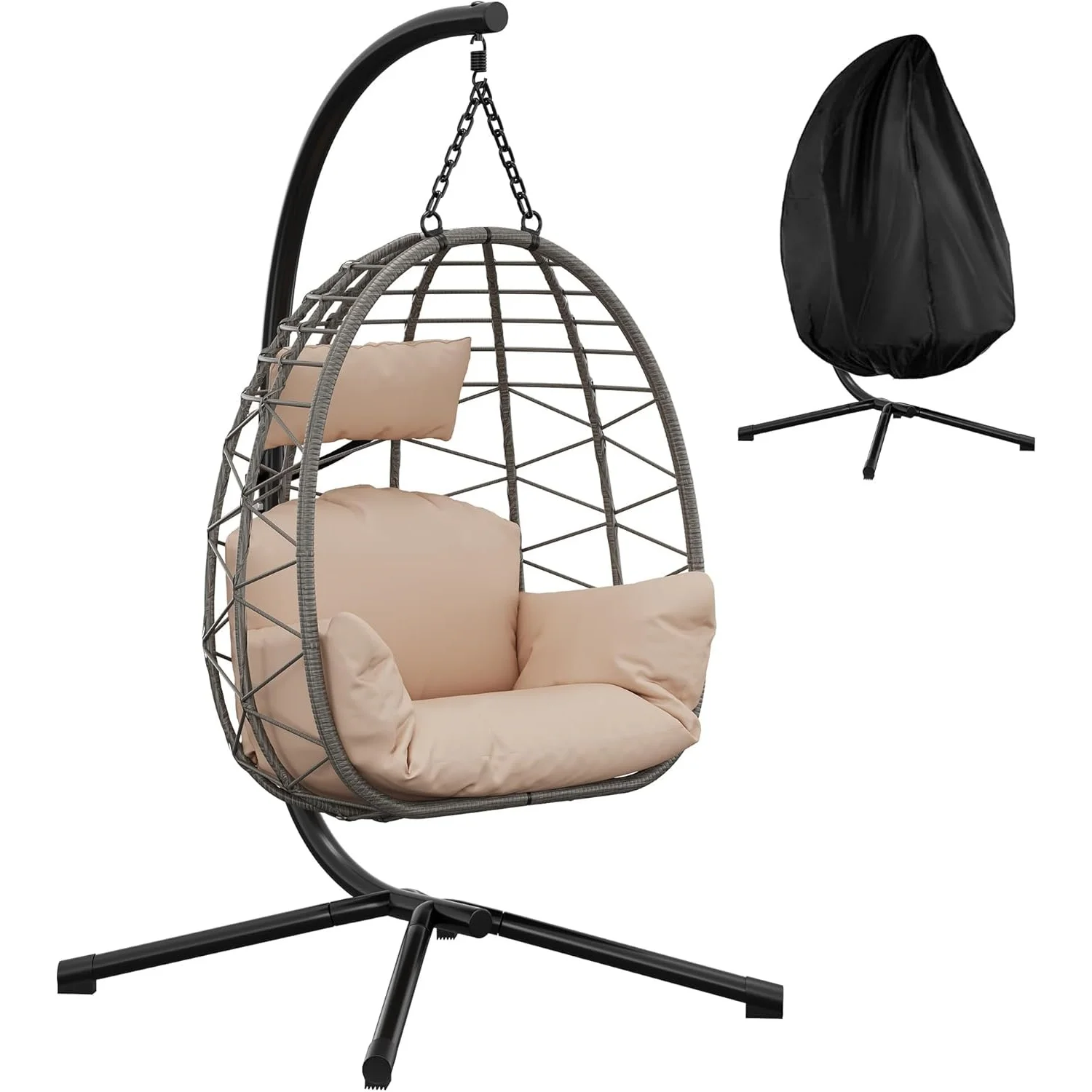 Hängesessel mit Gestell Outdoor & Indoor – Rattan Hängestuhl bis 130 kg belastbar – Freistehender Hängesitz (Egg Chair) inkl. Kissen & Schutzhülle für Garten, Balkon & Wohnzimmer