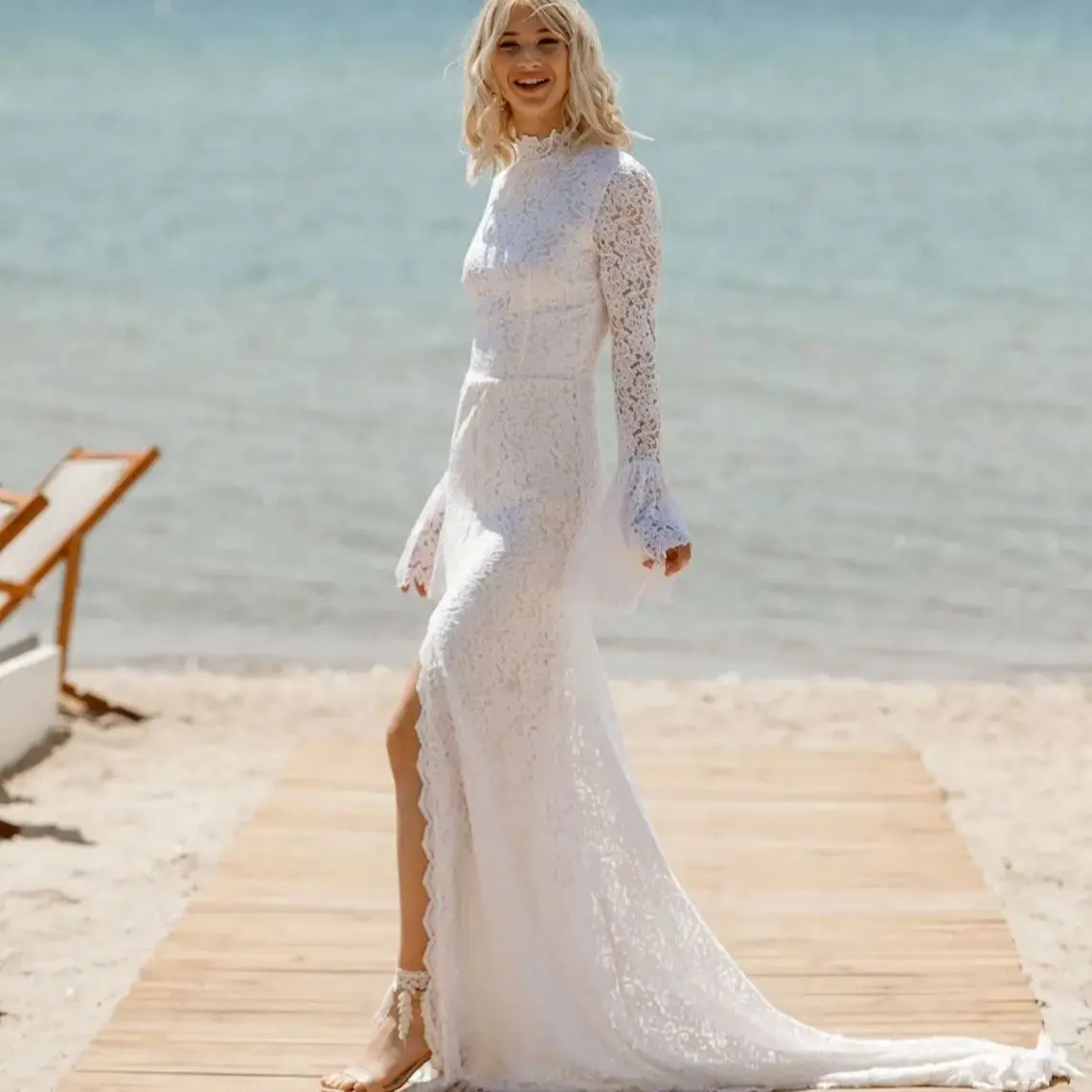 11449 # elegante vintage alta pescoço boêmio rendas boho praia sexy alta fenda varredura trem vestidos de casamento vestido de noiva