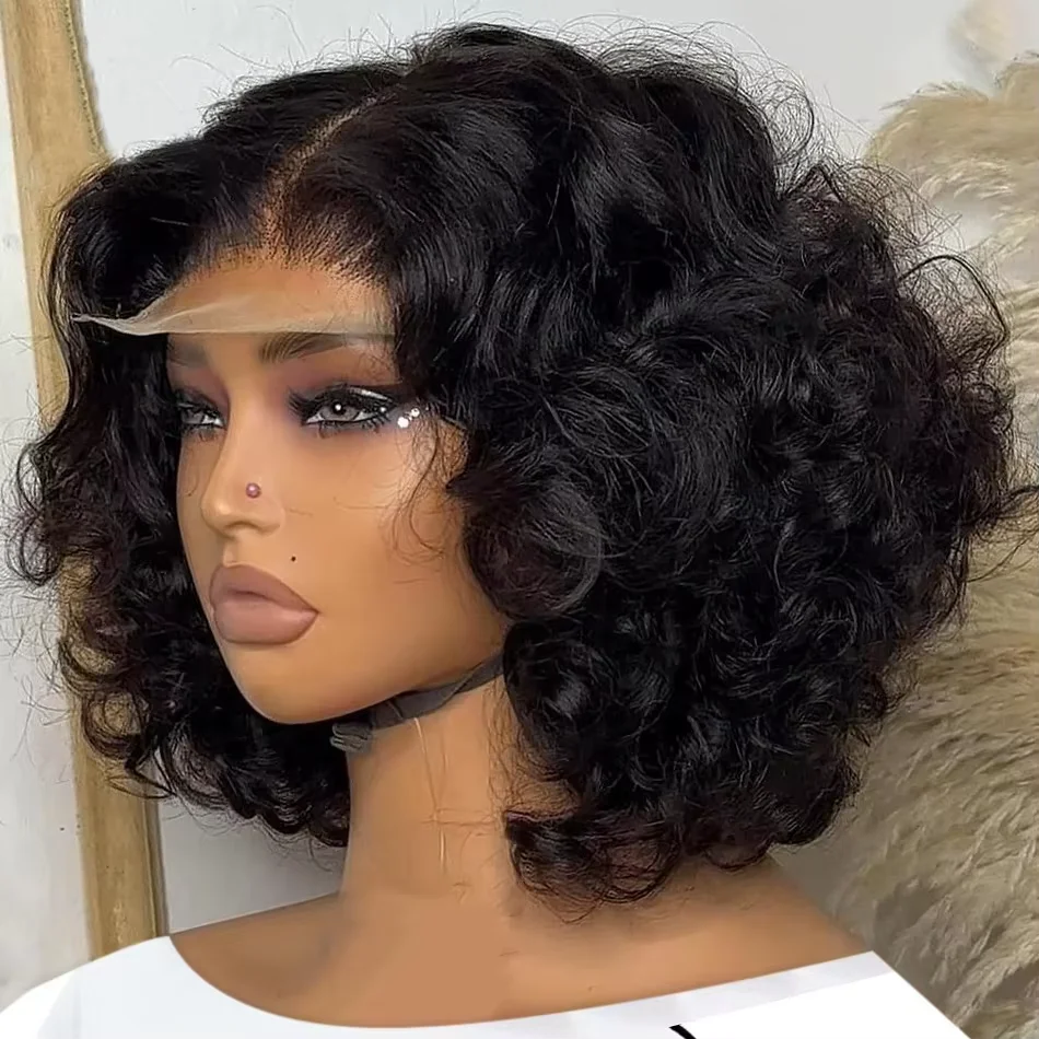 250% Body Wave HD Lace Frontal Wig Short Bob Wig Human Hair Glueless Human Hair Wavy 13x4 Transparent Lace Front Wigs For Women