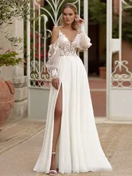 Classic A Line Women's Wedding Dresses V-neck Appliques Lace Bridal Gowns Sexy Spaghetti Straps Side Split Vestido de Novias