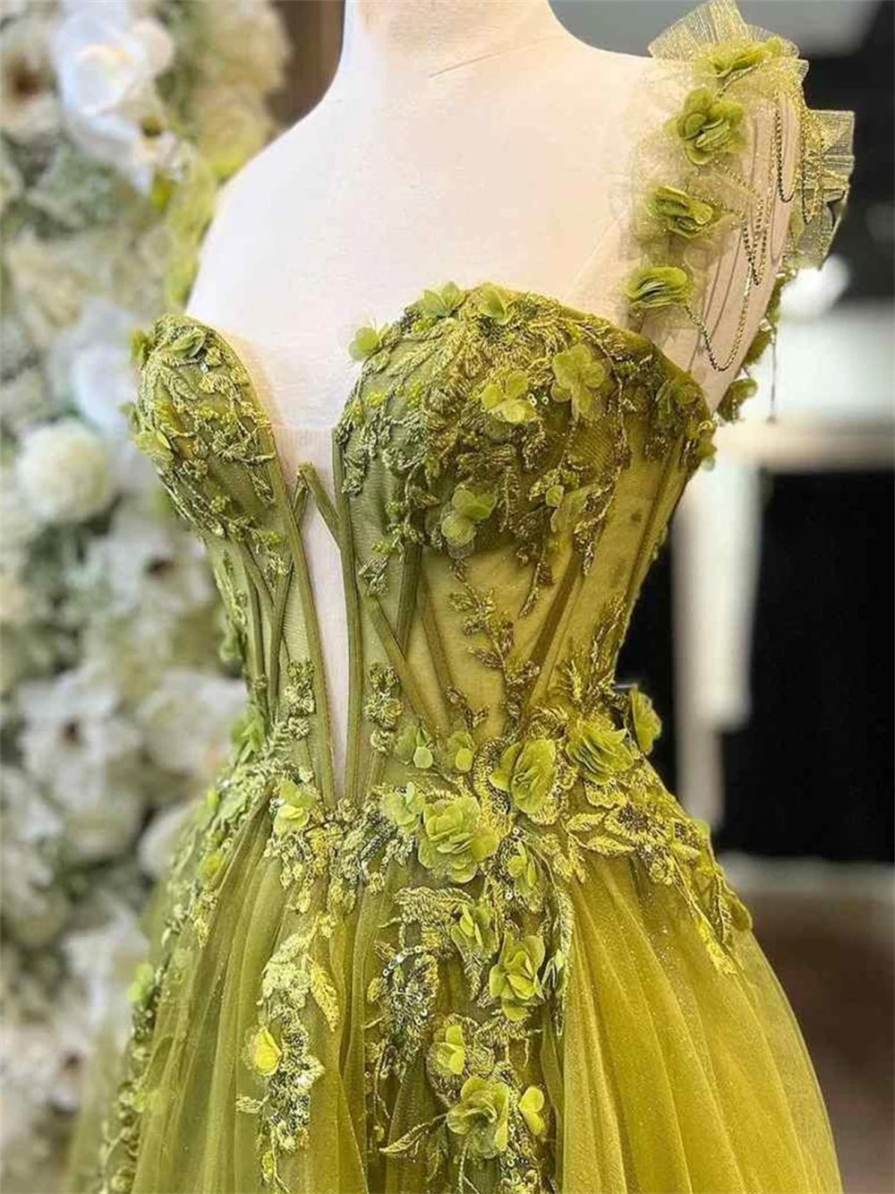 Sansa Customized Green Appliques A-Line 3D Flower Prom Dress Spaghetti Strap Vestidos De Noche Floor-Length Formal Evening 2025