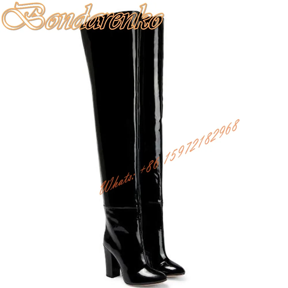 Round Toe Shiny Leather Boots Chunky High Heels Over The Knee Side Zipper Solid Women New Boots Winter Party Dress Sexy Shoes