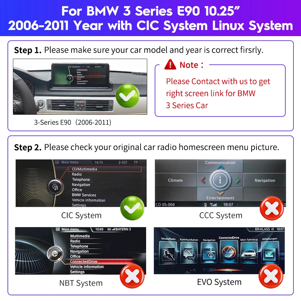 Wireless CarPlay Linux System for BMW 3 Series E90 10.25inch 2006-2011 CIC Model Car Multimedia Video Stereo GPS Navi