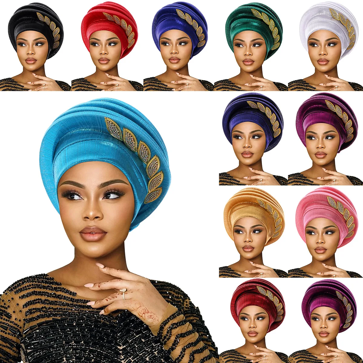 Women African Style Turban Headwrap, Rhinestone Leaf Decor Velvet Head Scarf Cap, Elegant Party Hair Cover for Women