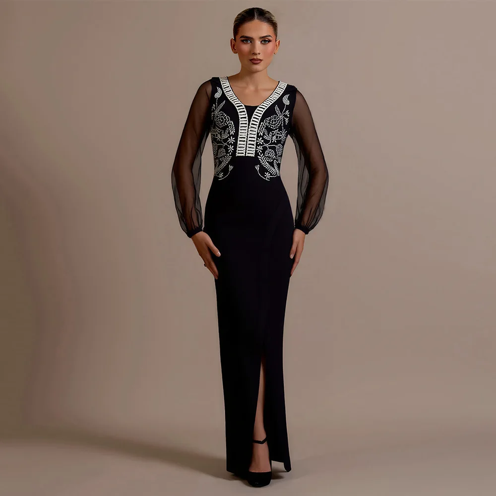 Women's summer black long sleeved nail bead hot stamping sexy V-neck slit mesh long sleeved patchwork bandage dress
