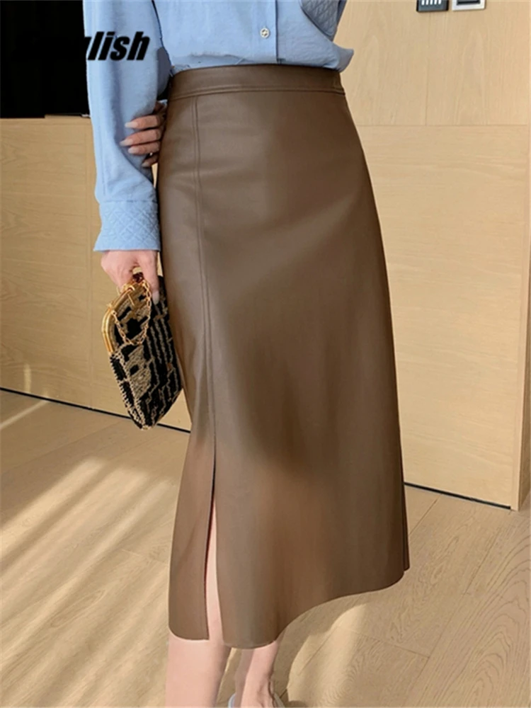 

Seoulish 2023 New PU Leather Women's Long Skirt Autumn Winter High Wasit Skirt Female Straight Side Split A-line Pencil Skirts