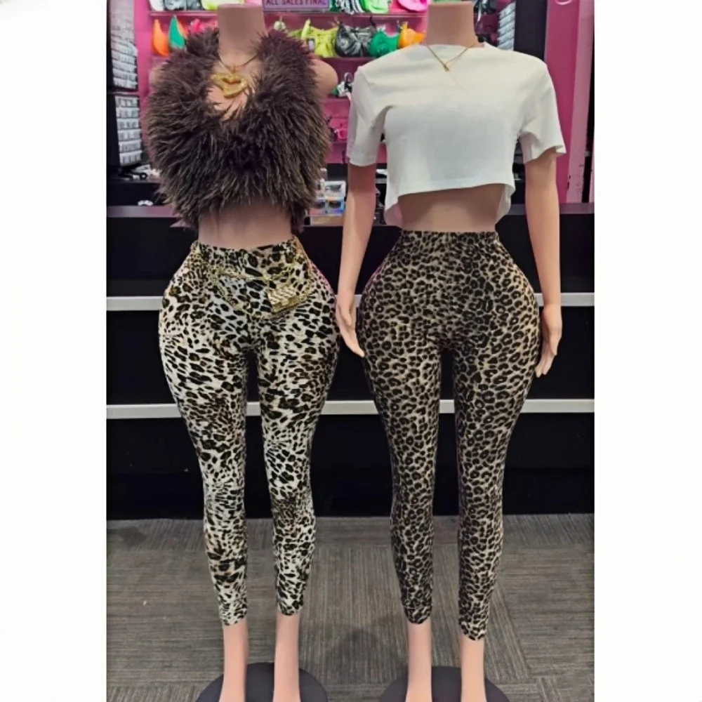 HLJ&GG Fashion Y2K Leopard Print Skinny Pants Two Piece Sets Women Fur Halter Bandage Hollow Top And Pants Outfits Streetwear — zdjęcie 2