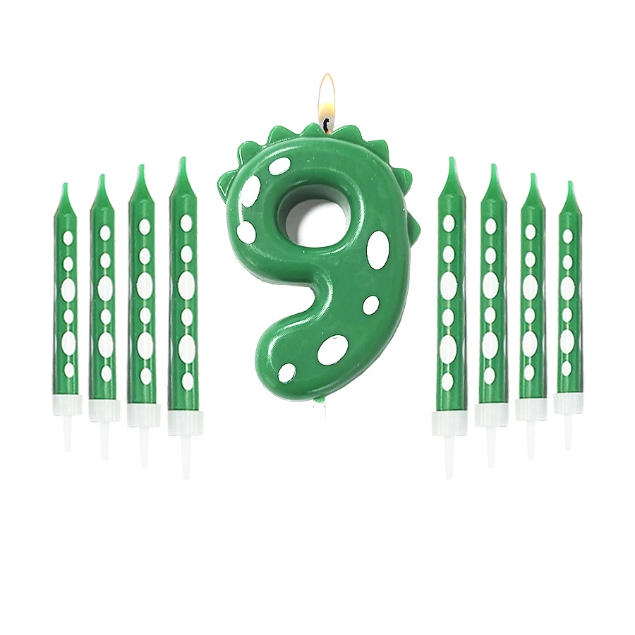 Grüne Dinosaurier-Zahlen 0–9 + 8 Stück grüne Kerzen „Happy Birthday“-Kuchenkerze für Kinder, Prinz, Party, Cartoon-Dinosaurier-Dekoration – Detail 10