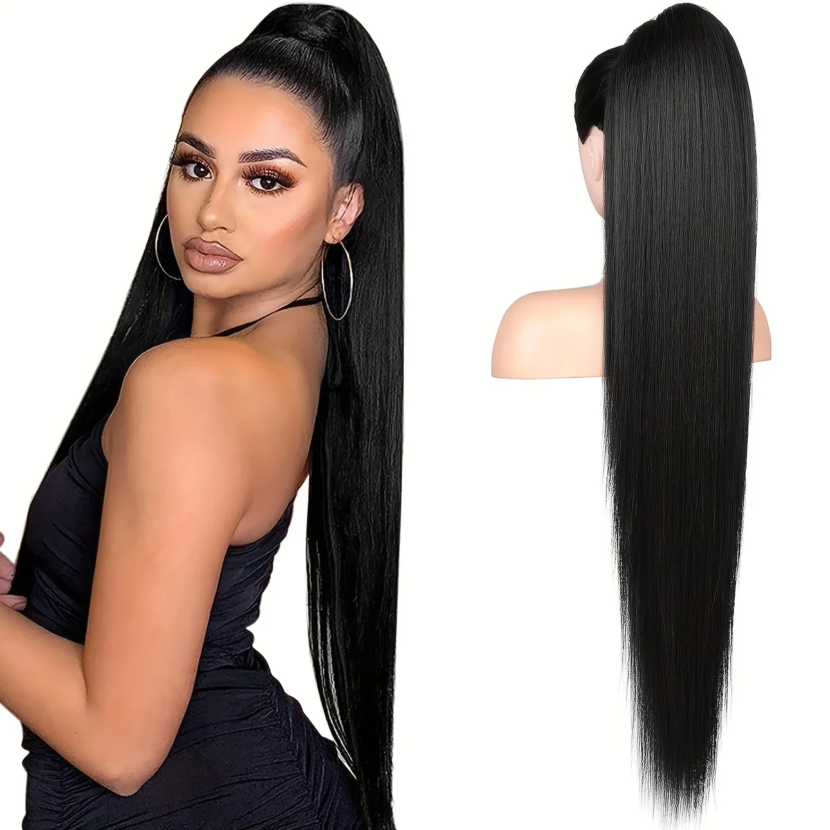 Long Straight Drawstring Ponytail Extensions Human Hair Wrap Around Clip In Ponytail Hairpieces For Women Natural Black Color 1B