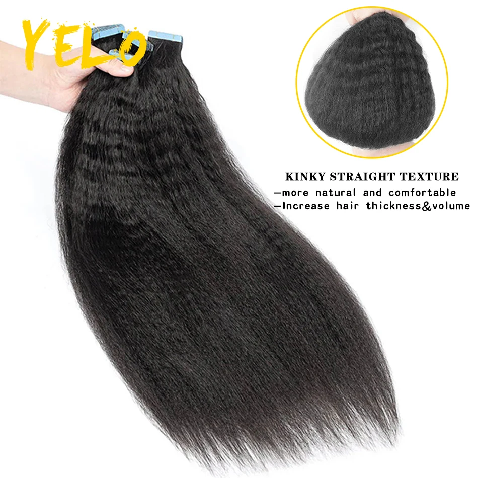 1B# Kinky Straight Tape In Human Hair Extensions Skin Weft Hair Extensions Adhesive Brazilian Remy Natural Hair 12''-24'' Length