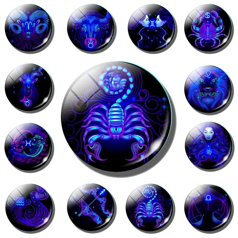 Magnes na lodówkę z konstelacjami, 12 konstelacji, znaki zodiaku, magnesy na lodówkę, szklany kaboszon, naklejki na tablicę ogłoszeń, dekoracja domu. — zdjęcie 2