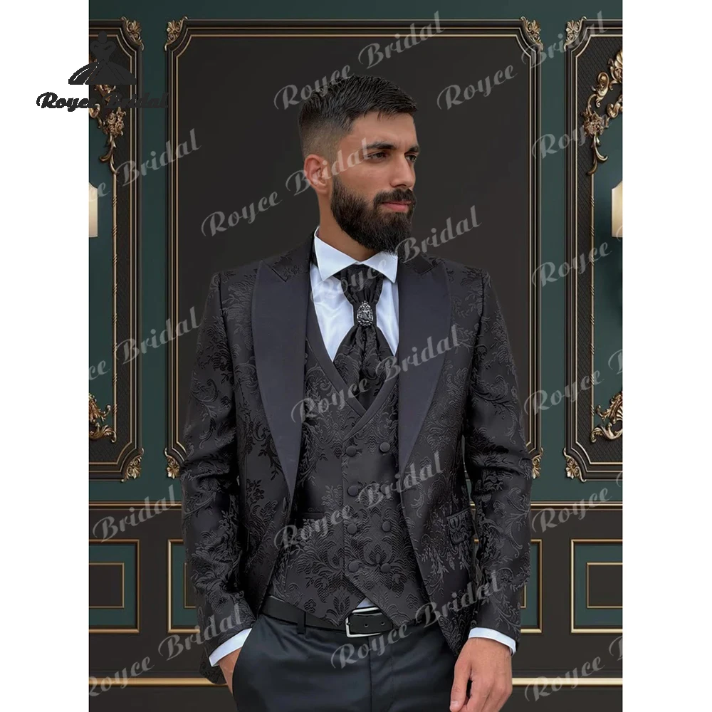 Three Piece Single Breasted Floral Men's Wedding Suit 2026 Jacquard Party Prom Business Suits costume homme mariage