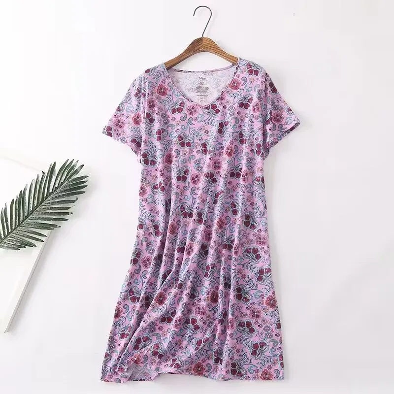 2024 Summer Female Casual Flower Print Sleep Dress Ladies Knit Cotton Nightgown Women Short Sleeve Plus Size Home Dresses M-XXXL