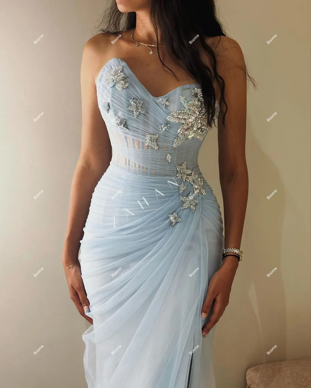 Booma Sky Blue Mermaid Evening Dresses Sweetheart Sleeveless Crystal Formal Occasion Gowns Ankle Length Prom Dresses Customized