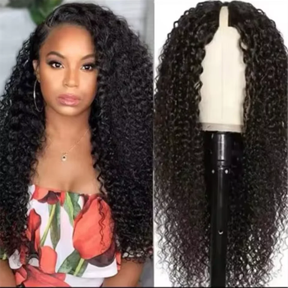 วิกผมแบบวีพาร์ท # วิกผมมนุษย์แบบหยิกฟู 1b ขนาด 20 นิ้ว ความหนาแน่น 180%