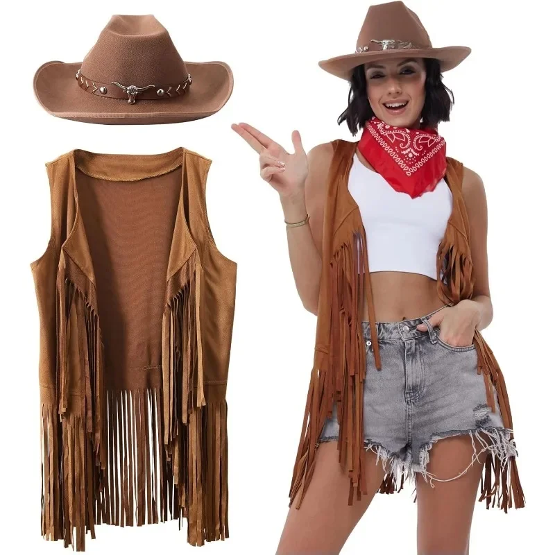 3-delig vrouwen cowboy cowgirl kostuum faux suède kwastje vest met klinknagels cowboyhoed carnaval feestkleding clubwear - afbeelding 2
