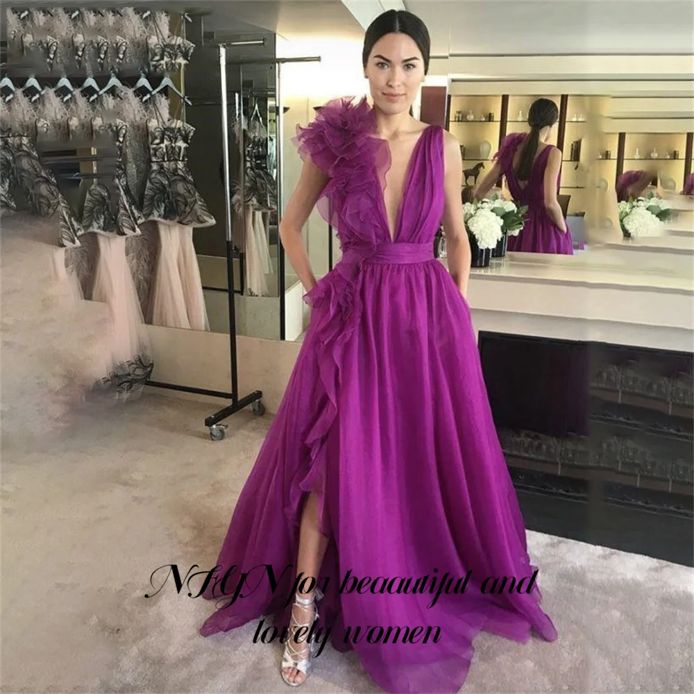 

NFYN Simple Purple Prom Gown Tulle V Neck High Slit Women Prom Dresses Evening Dresses Gowns elegantes para mujer Customized