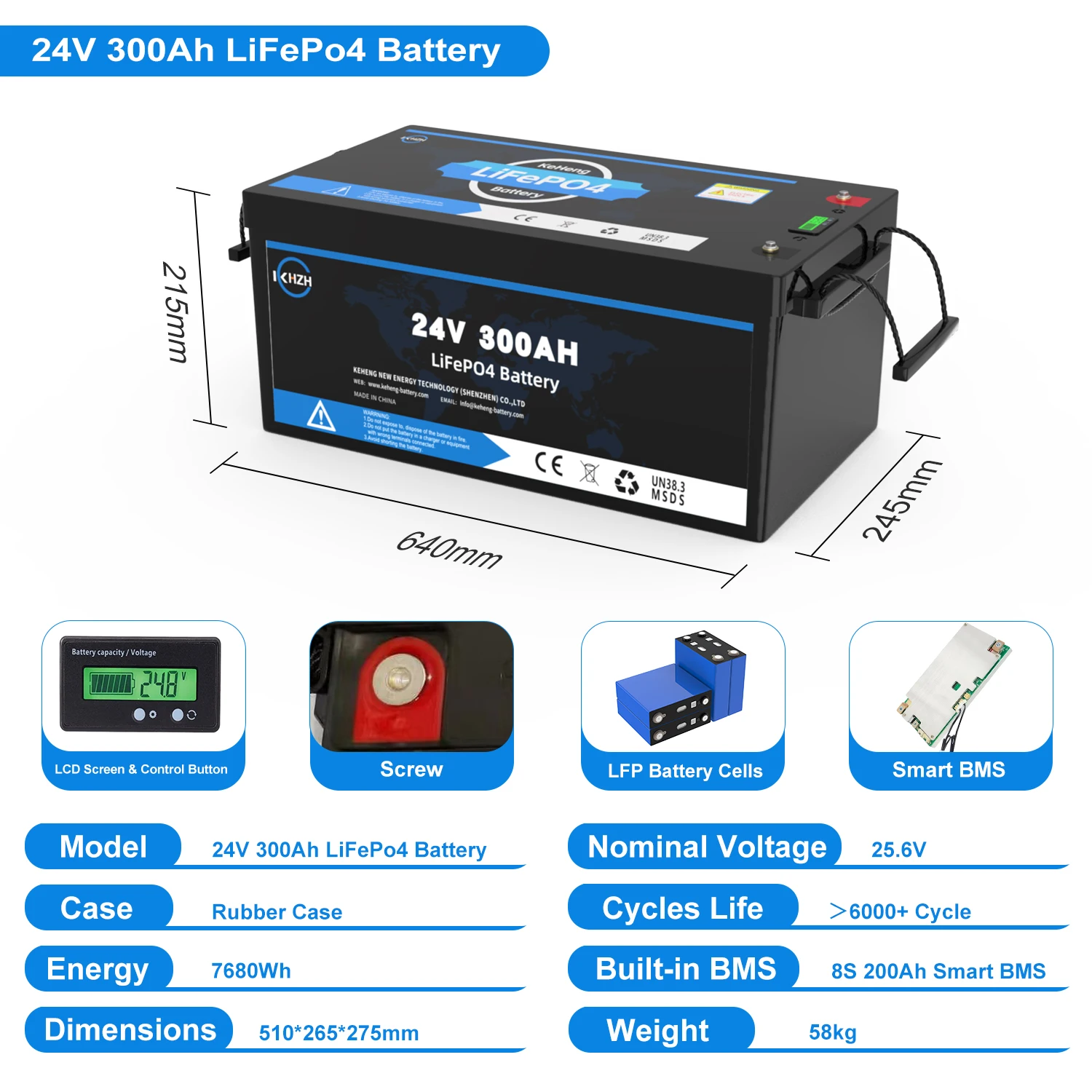 LiFePO4 24V 280Ah 200Ah 300Ah 12V 100Ah 125Ah Battery Pack 25.6V 12.8V Grade A 6000+ Cycles Home Cart Golf RV Boat Solar Battery