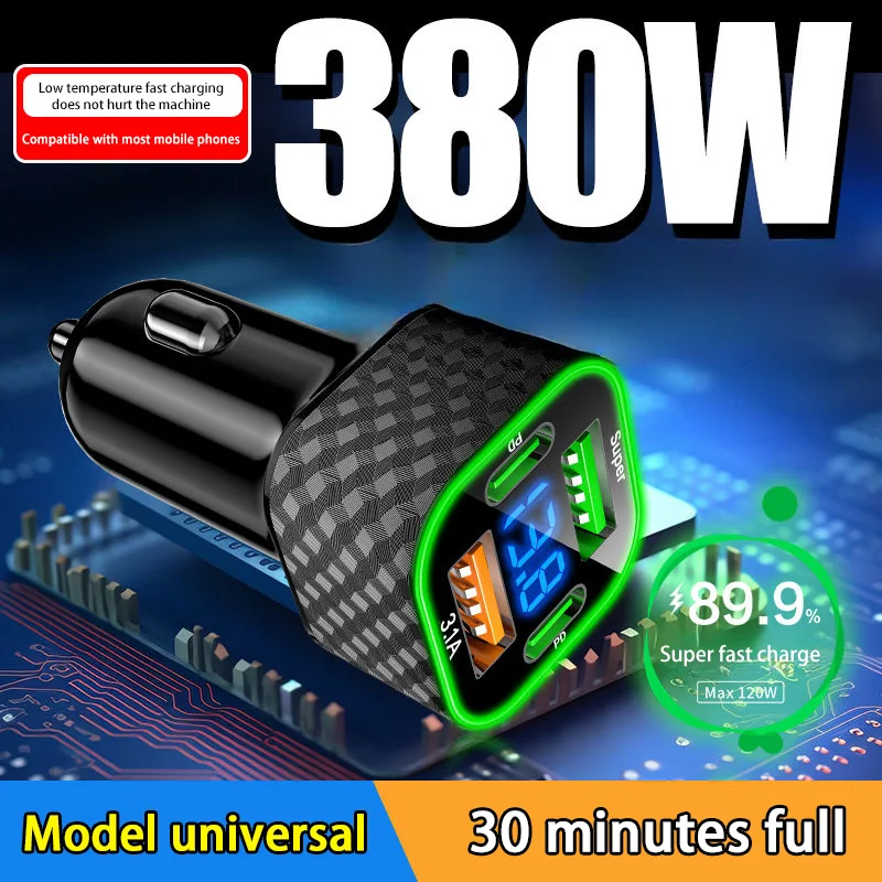 380W USB-C Auto-Handy-Ladegerät Dual PD 4-in-1 mit Spannungsanzeige Superschnelles Ladeadapter für iPhone Oppo Vivo Samsung