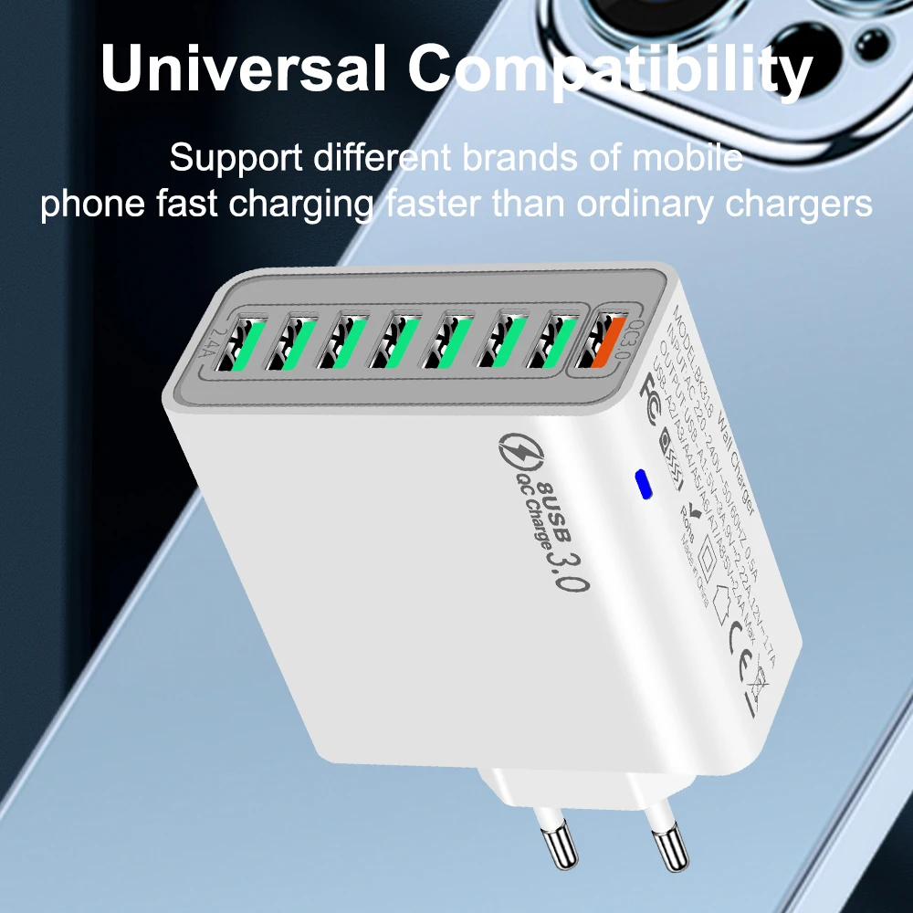 8 In 1 65W USB EU/US/UK/KR Plug Charger Fast Charge Phone Charger Wall Adapter For iPhone Samsung Xiaomi Multi Port image 3
