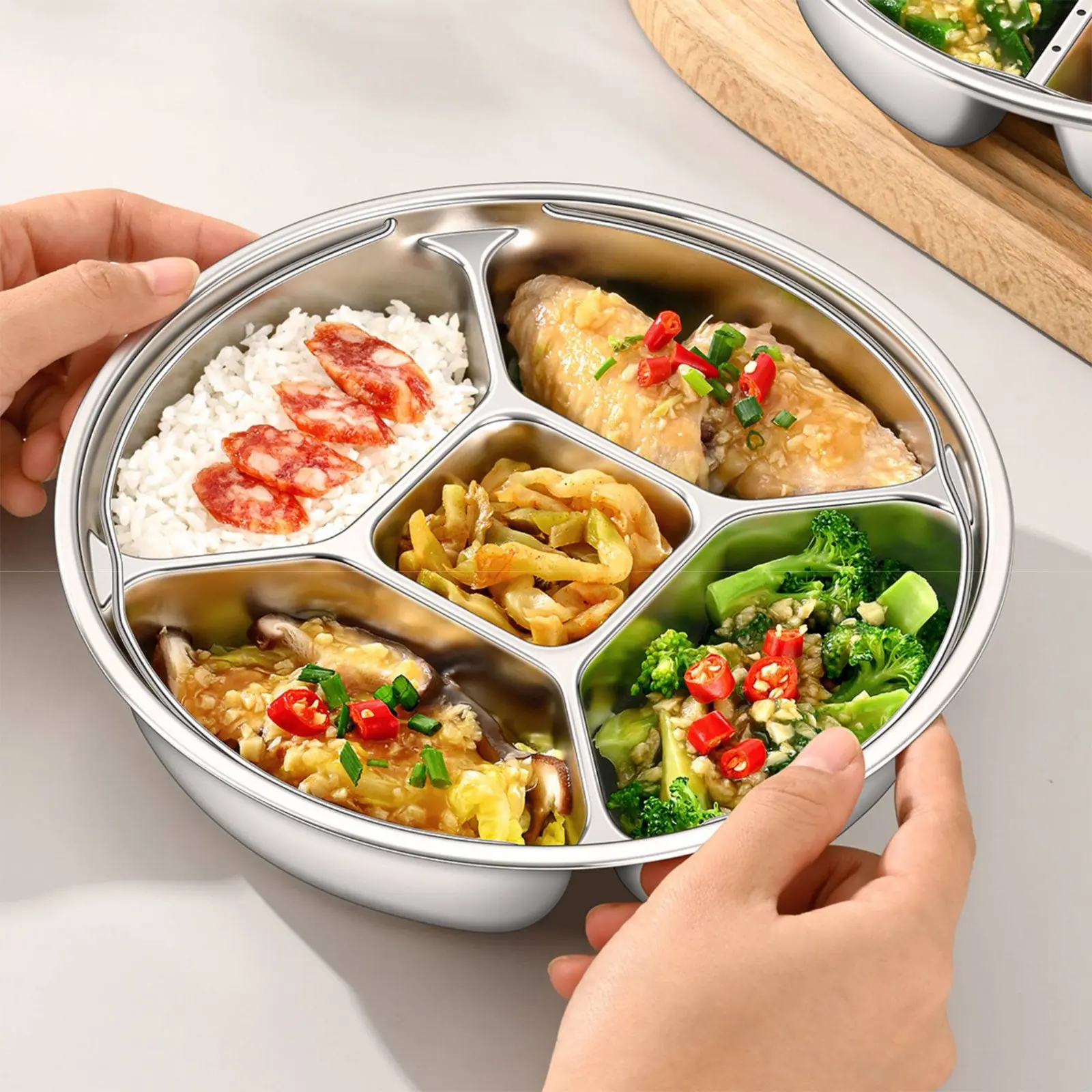 Divided Steamer Plate Prevents Flavor Mixing Round Portion Control Plate Construction Stainless Steel Food Tray with Handle