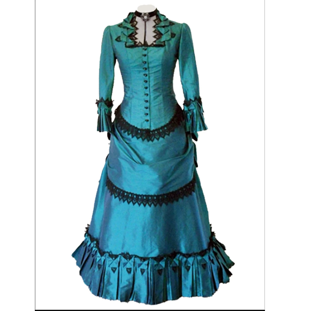 victorian gold/blue/purple/green/black bustle ball dress Colonial Georgian Renaissance Gothic Historical dress Walking Dress