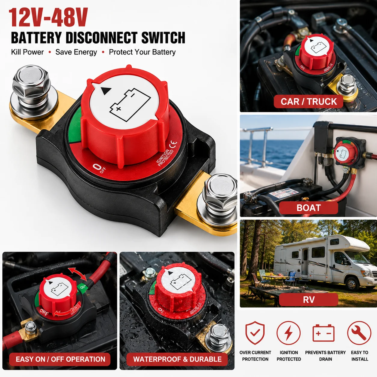 12V-48V Battery Disconnect Switch Side Post, Heavy Duty Master Kill Cut Off Isolator Switch for Car, Truck, RV, Boat, ATV & Marine, Prevent Battery Drain, Anti-Theft Power Isolation