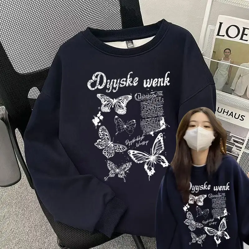 

Винтажный свитшот с рисунком бабочки Dyyske Wenk, эстетический уличный пуловер с надписями, мягкий свободный крой в стиле Харадзюку, повседневный стиль