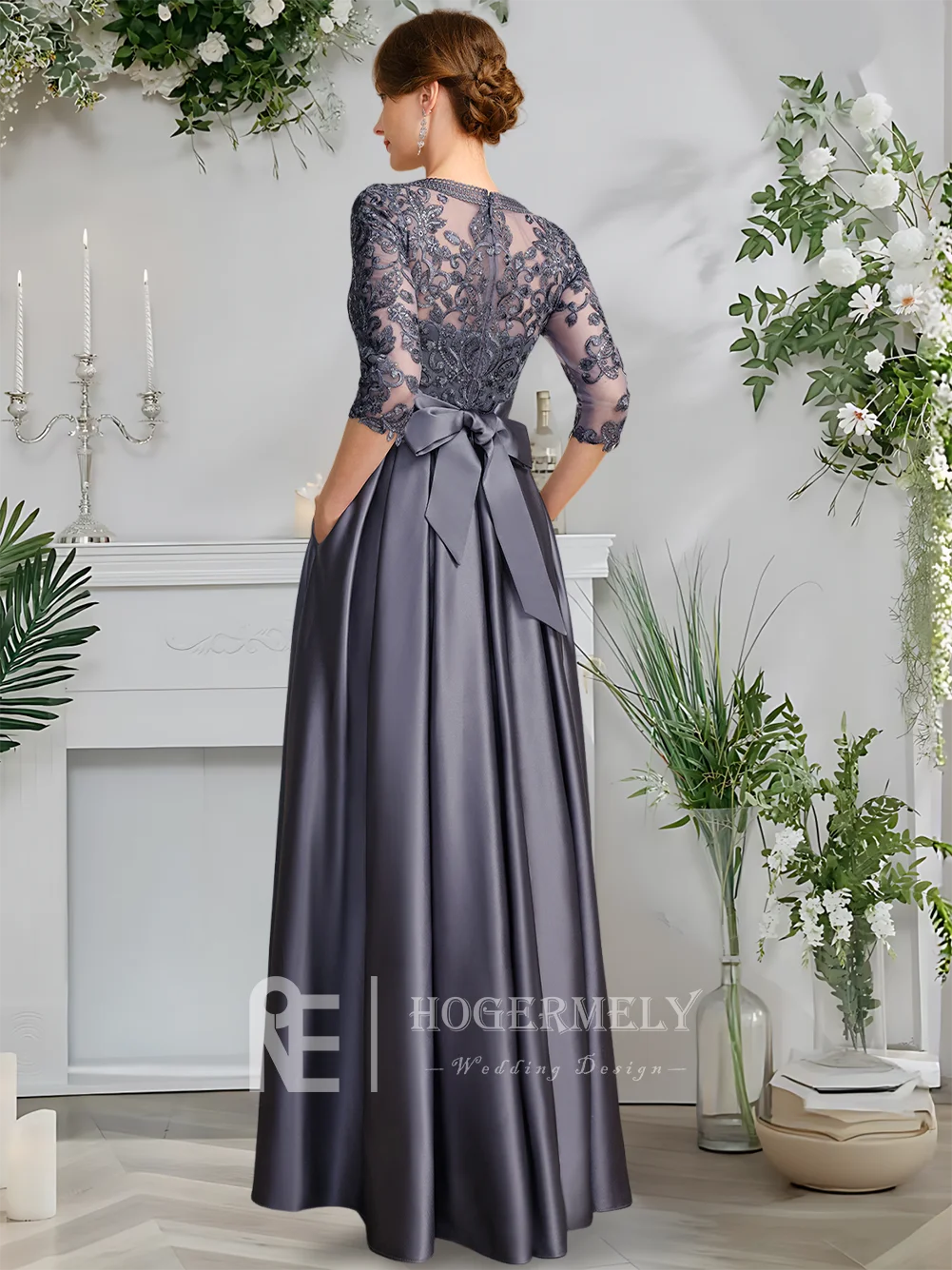 

B Mother Of The Bride Dress 2025 Elegant Floor-Length A-Line Satin Lace Evening Dress 3/4 Sleeves Sequins Bow Pockets Stormy