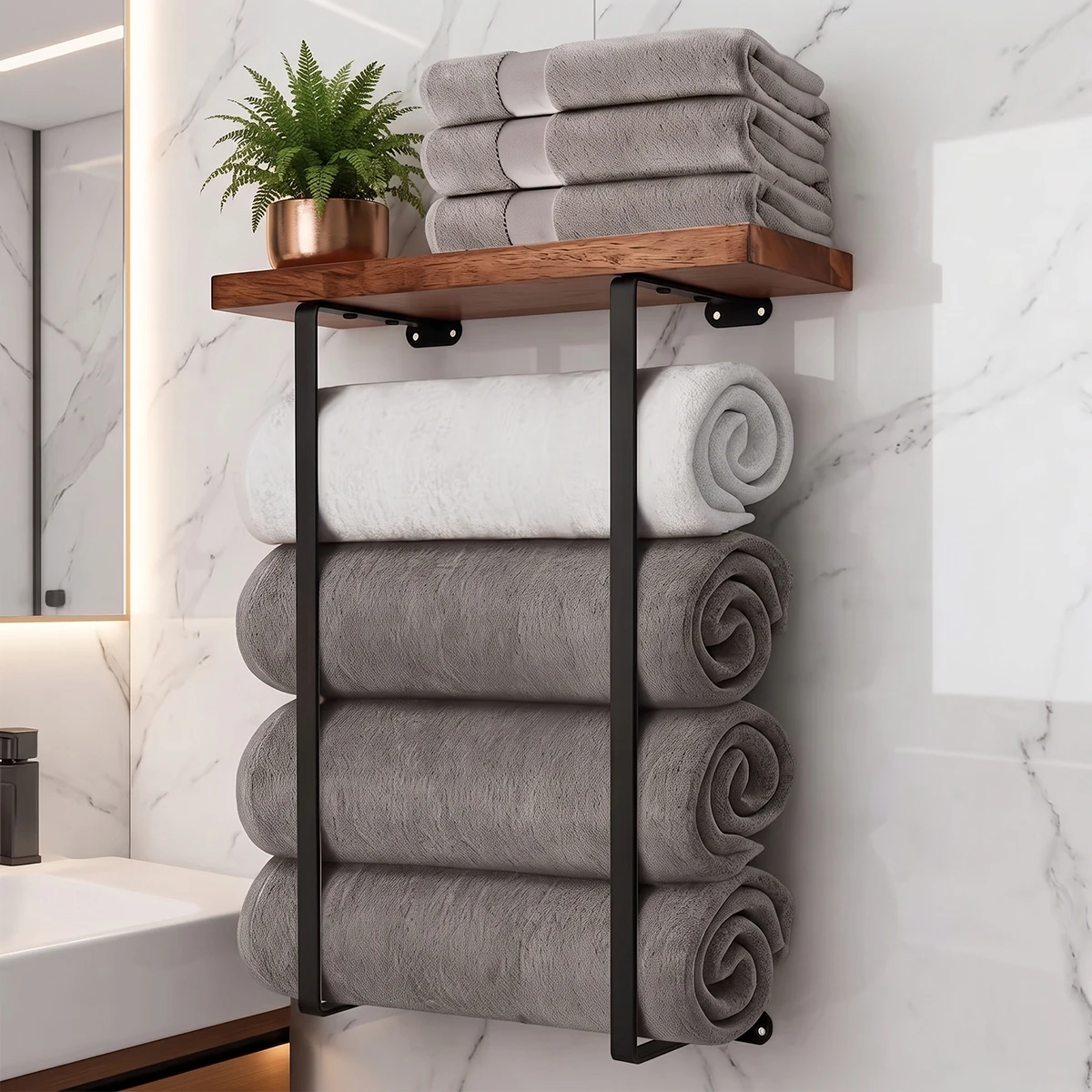 Towel Racks for Bathroom Wall Decor, Bathroom Shelves, Black Minimalist Design Storage Organizer for Large Towels, Spa, Salon