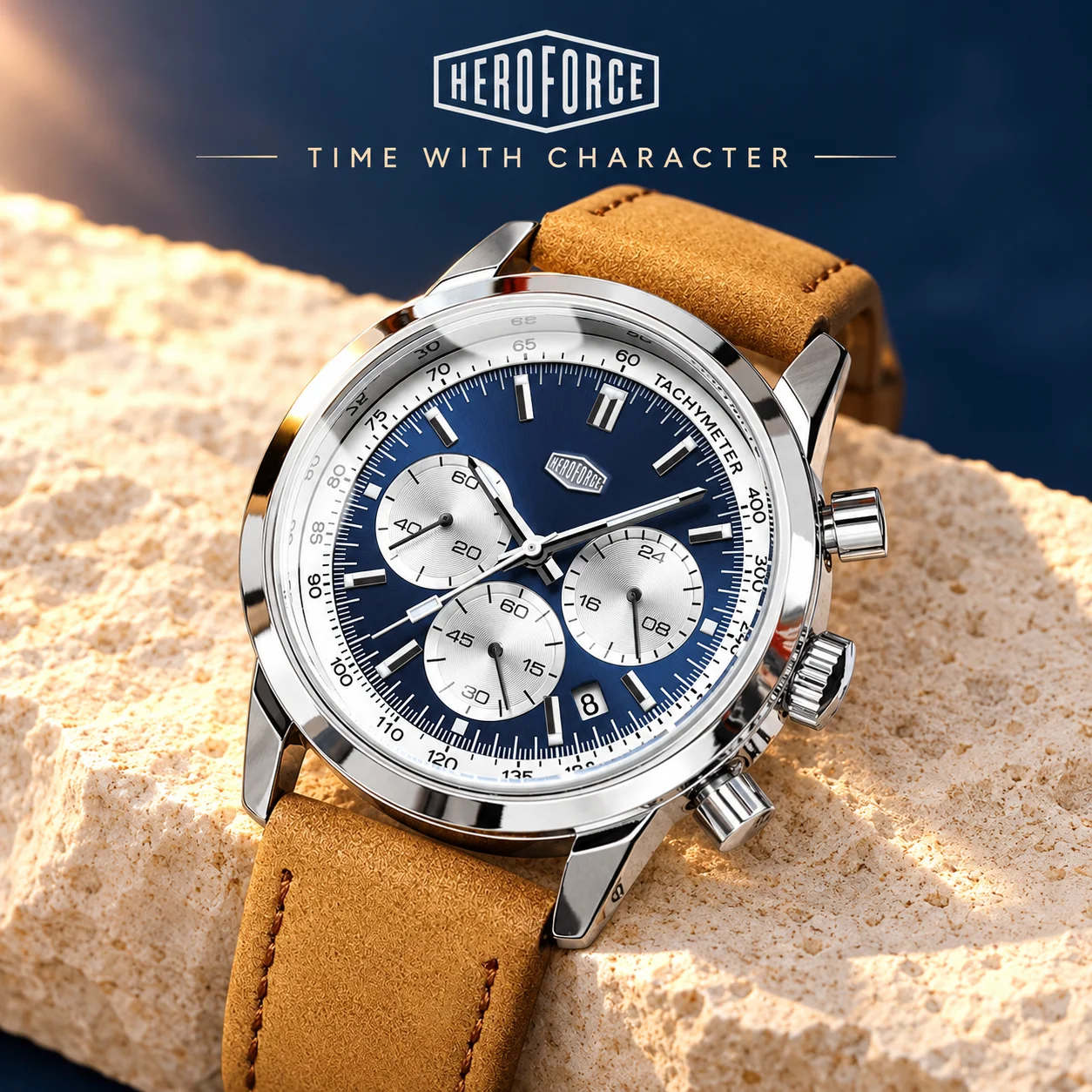 HEROFORCE Classic Silver Blue Men's Wrist Watch, Comfort Brown Genuine Leather Band, Multi Chronograph Stopwatch Function, Luminous Dial & Calendar