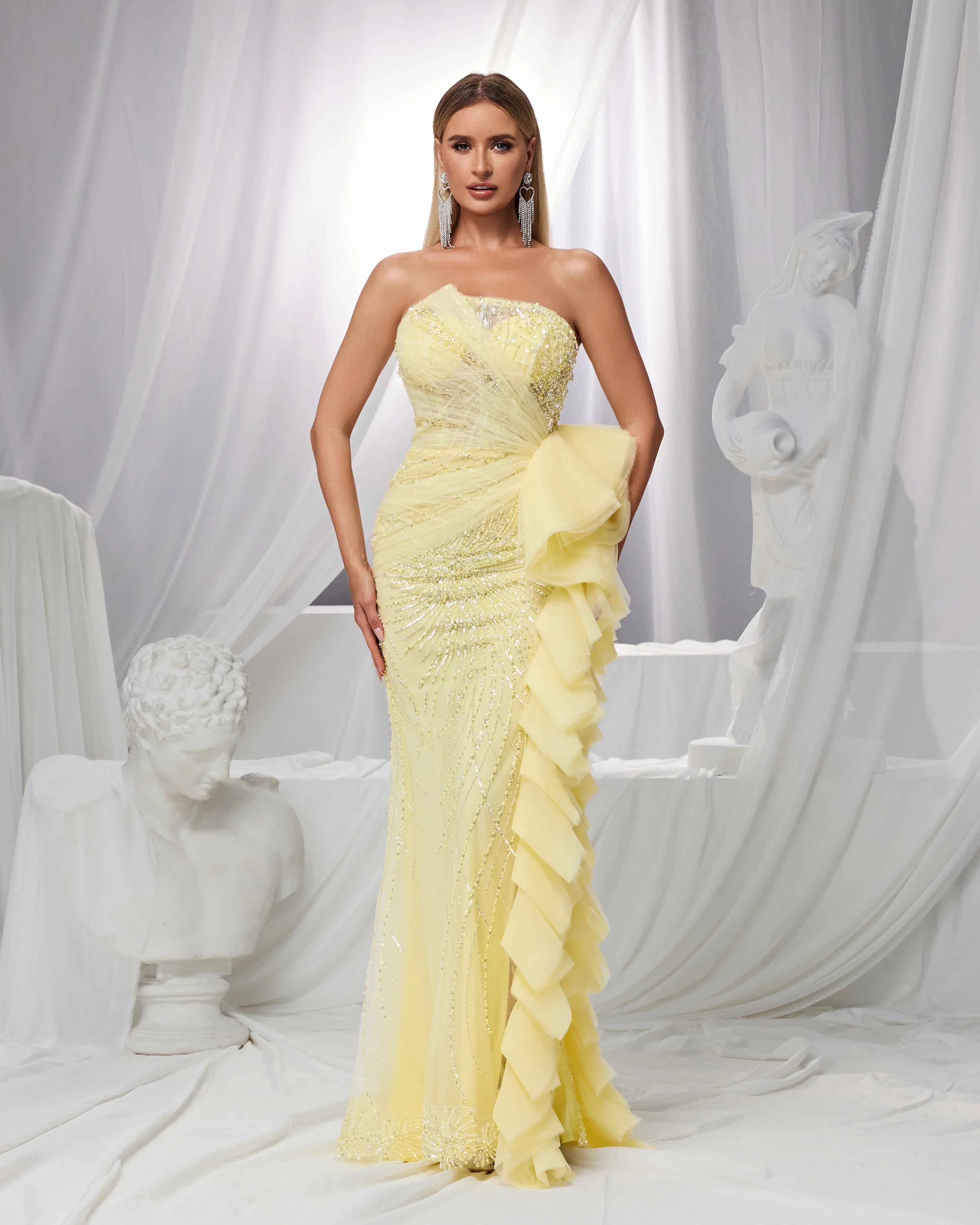 شاليمار تشانغ فساتين السهرة الصفراء للسيدات مع الماس اليدوية كيب كم حورية البحر فستان سهرة فاخر حسب الطلب