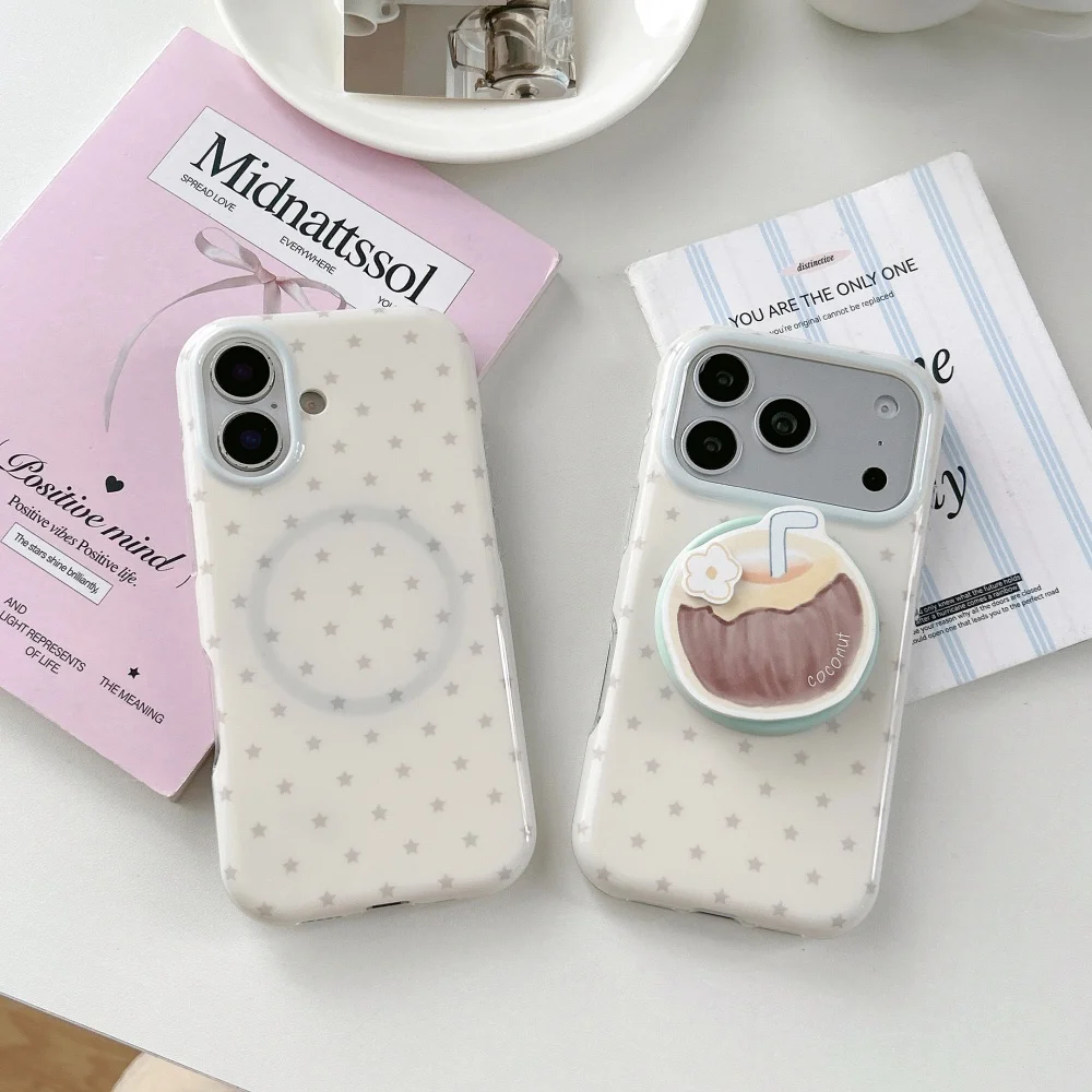 Korean Cute Stars Magnetic Phone Case for iPhone 15 Pro 16 Pro 15 16 17 Pro Max Cover With Magsafe Coconut Stand Cute Cover Capa