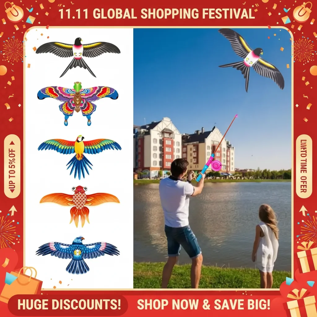 Children Kite Toy Cartoon Eagle Foldable Mini Plastic Toys Kite Hand Brake Fishing Rod  Butterflies For Kids Outdoor Toy For Fun