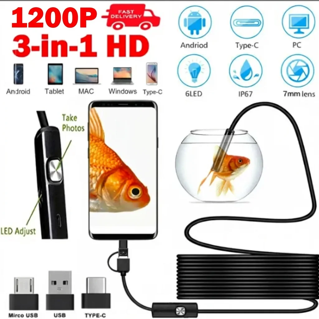 

Эндоскопическая камера 1200P HD для Android, USB Type-C, бороскоп, водонепроницаемая камера IP67 для осмотра автомобилей, труб, канализации