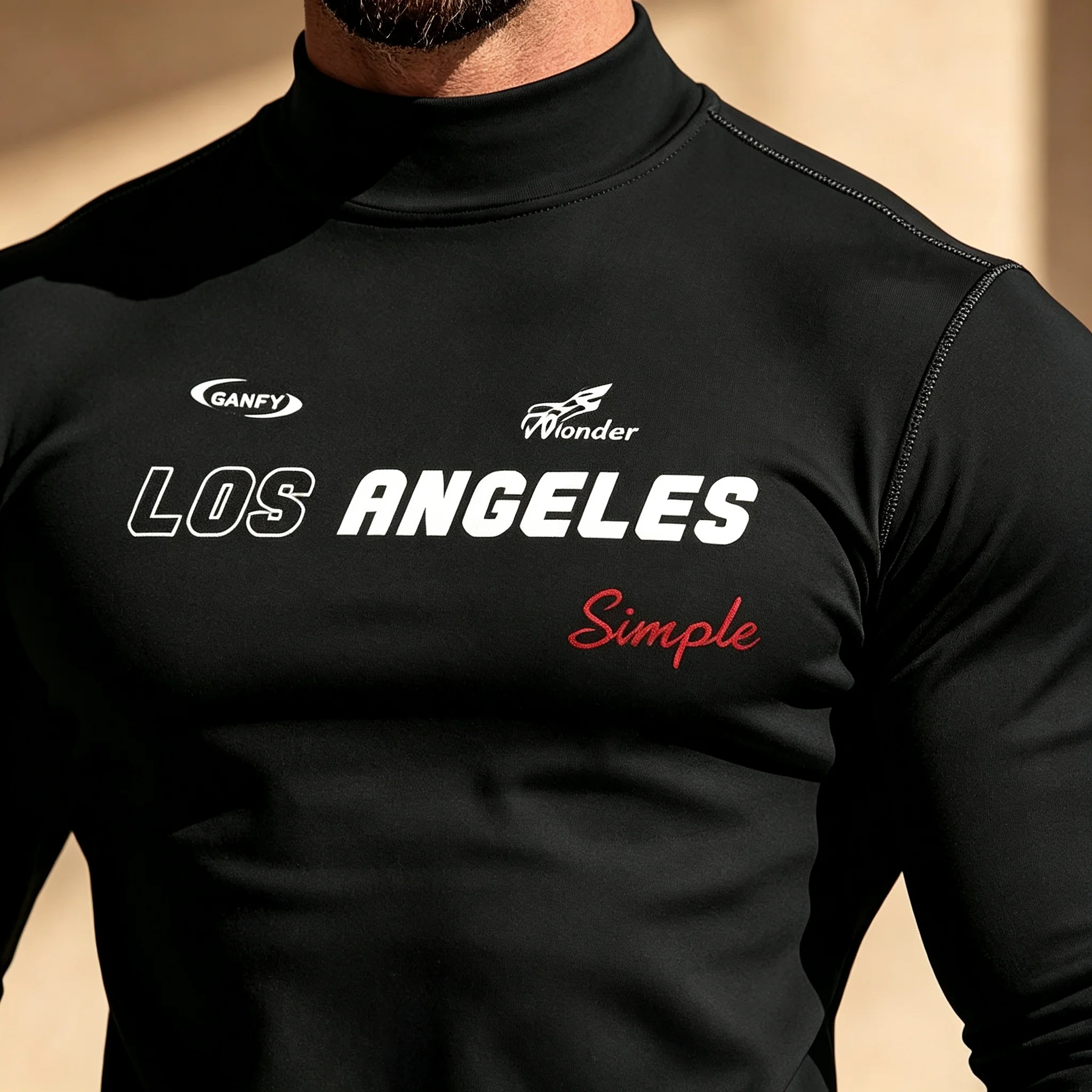 Men Mock Neck Long Sleeve Thermal Shirts Los Angeles Letter Print Stretch Fitted Base Layer Tops Casual Warm Undershirt for Fall