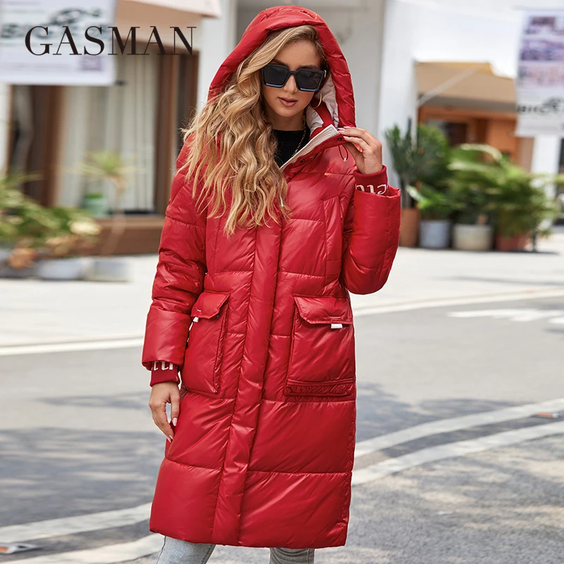 Gasman 2022 mulheres para baixo jaqueta longa clássico zipper design grande carrinho de bolso colarinho com capuz casaco fino mulheres parkas