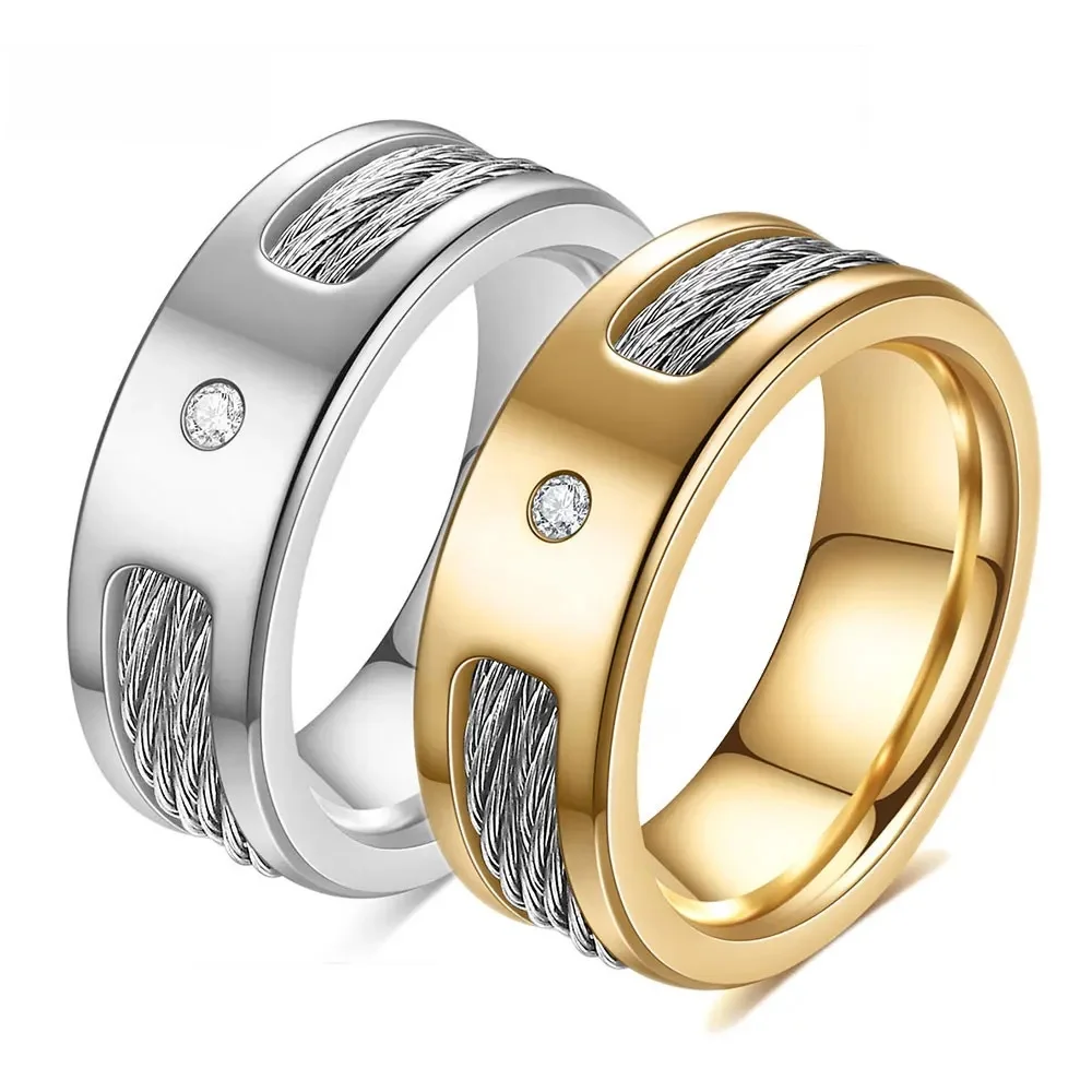 Nowy pierścionek ze stali nierdzewnej 8 mm dla mężczyzn Kobiety Cyrkon Studded Cable Steel Wire Smooth Rings Biżuteria Prezent ślubny Akcesoria — zdjęcie 2