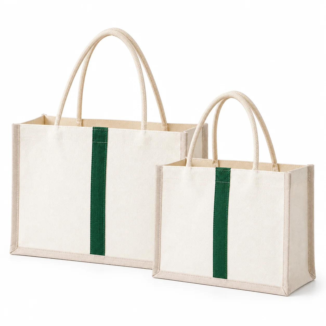 Premium Canvas Tote Bag – Minimalist Beige Tote with Green Stripe & Rope Handles – Large & Medium Sizes, Spacious Reusable Shopping Bag for Daily Use, Beach & Travel