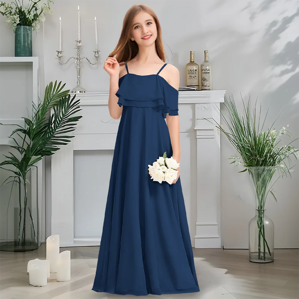 

Luxurious Cold-Shoulder Junior Bridesmaid Dress Blush Gold Flower Girl Dress Floor-Length Chiffon With Cascading Ruffles Wedding