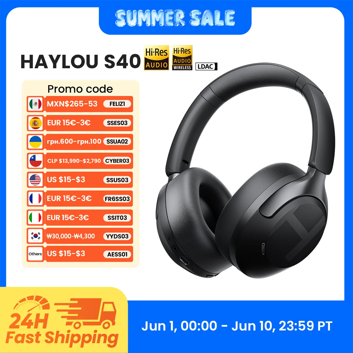 HAYLOU S40 ANC Wireless Headphone 50dB Noise Canceling Hi-Res 3D Spatial Audio Earphone with LDAC Bluetooth 6.0 Over Ear Headset
