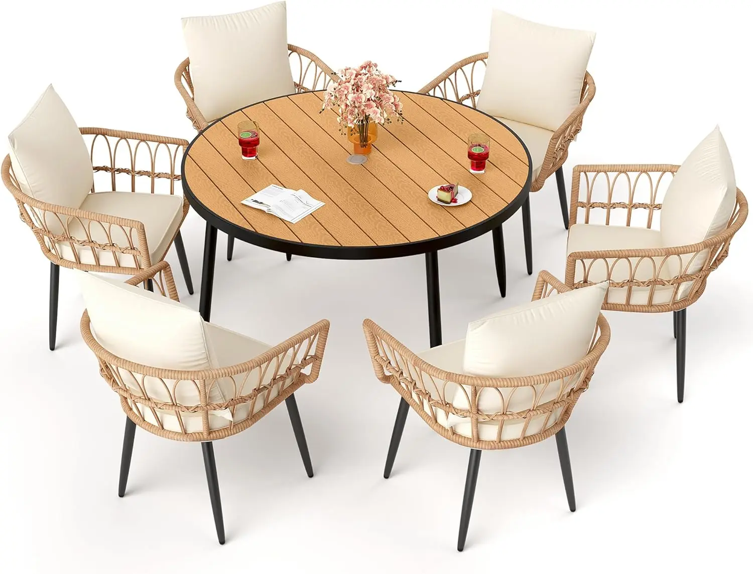 

7 Pieces Patio Dining Set,All-Weather PE Rattan Patio Furniture Set with Wood Table Top, Outdoor Table and Chairs with with Remo