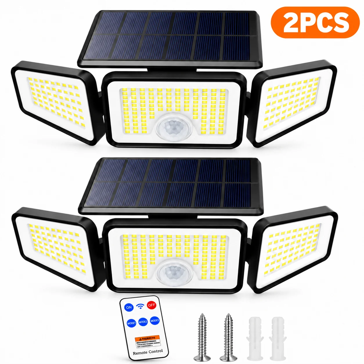 1/2PCS Solar Motion Sensor Lights Outdoor, 3 Adjustable Heads Solar Security Lights with Remote Control, 270° Wide Angle Lighting, 2600LM High Brightness, 3 Lighting Modes, IP65 Waterproof Wall Lamp for Yard, Garden, Garage, Patio