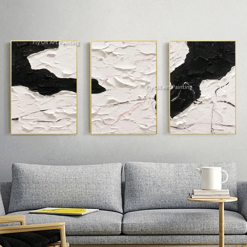Black White Minimalist Oil Painting Hand Painted White Texture Knife Thick Canvas Painting Set Of 3 Original Artwork For Decor